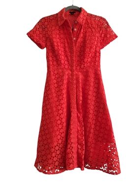 Ann Taylor Petite 00P Redish Orange Eyelet Button Front Midi Dress Summer Cotton